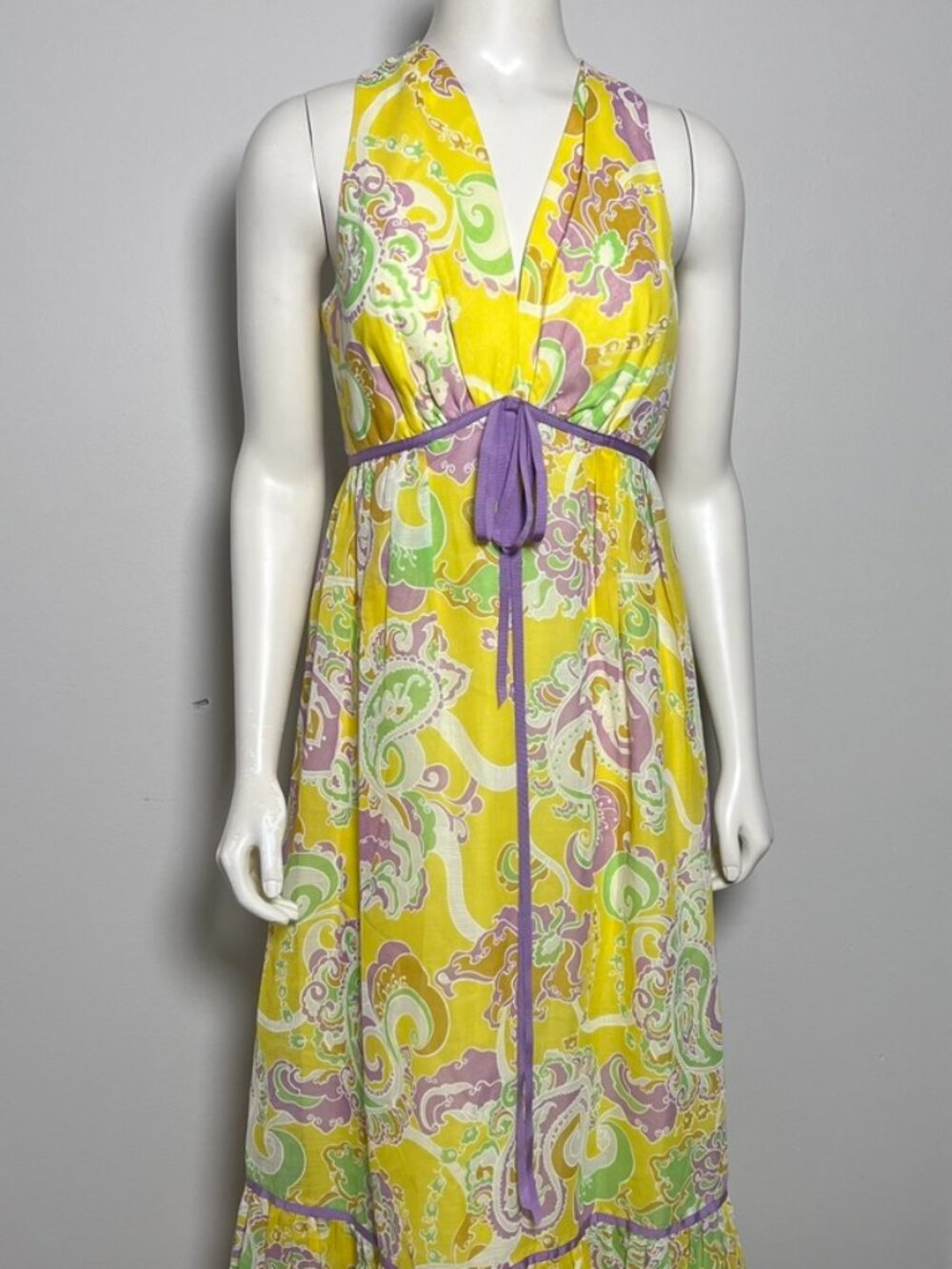 Vintage 1970s Psychedelic Maxi Dress – Yellow & Lavender Paisley Print
